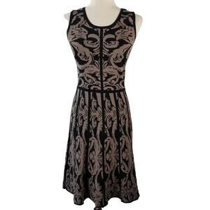 Carmen Marc Valvo Damask Black Brown Knit Fit & Flare Dress Medium